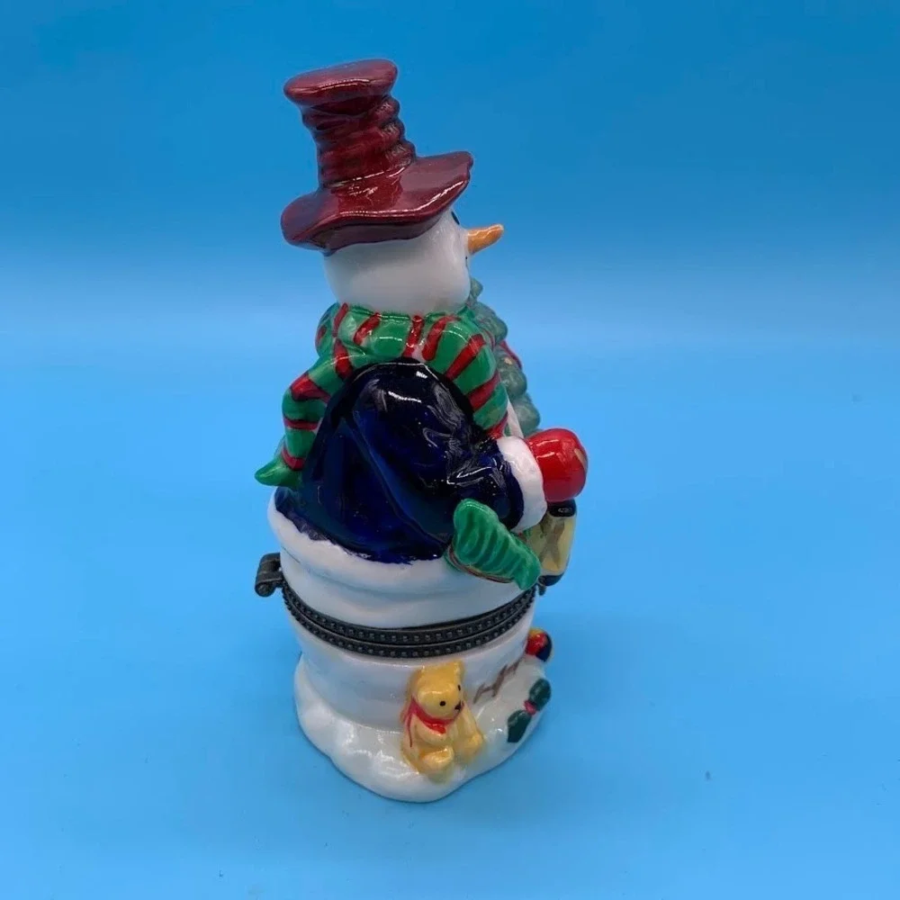 Christmas Snowman Holding Tree Holiday Ceramic Trinket Box Figurine